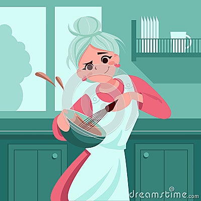 Girl cooks dough or sauce in her kitchen. Girl learn to cook. Vector illustration. Cartoon Illustration